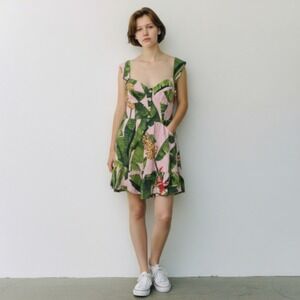 NWT Farm Rio Dress Womens Large Pink Green Tropical Banana Leaf Ruffle‎ Button